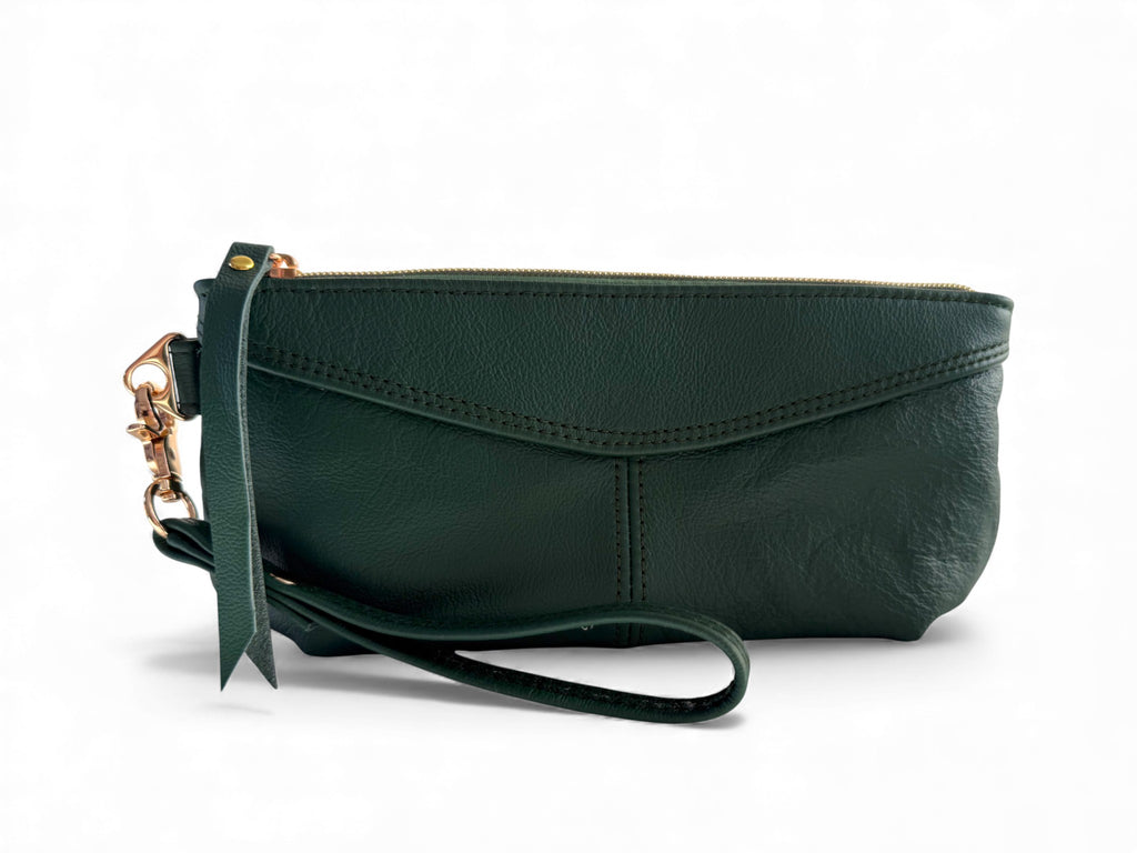 Ella Wristlet clutch. Green leather handbag with a strap on a white background