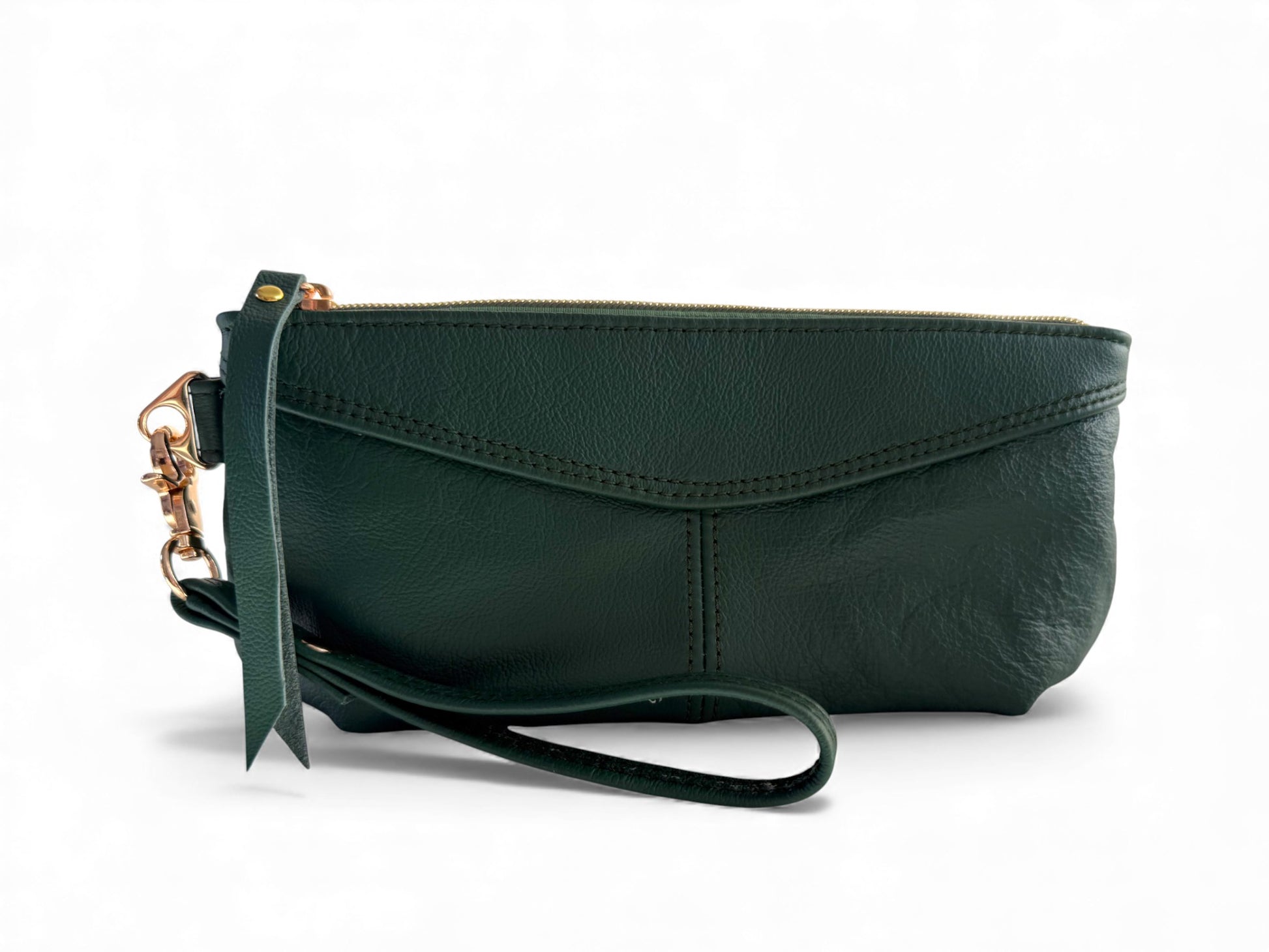 Ella Wristlet clutch. Green leather handbag with a strap on a white background