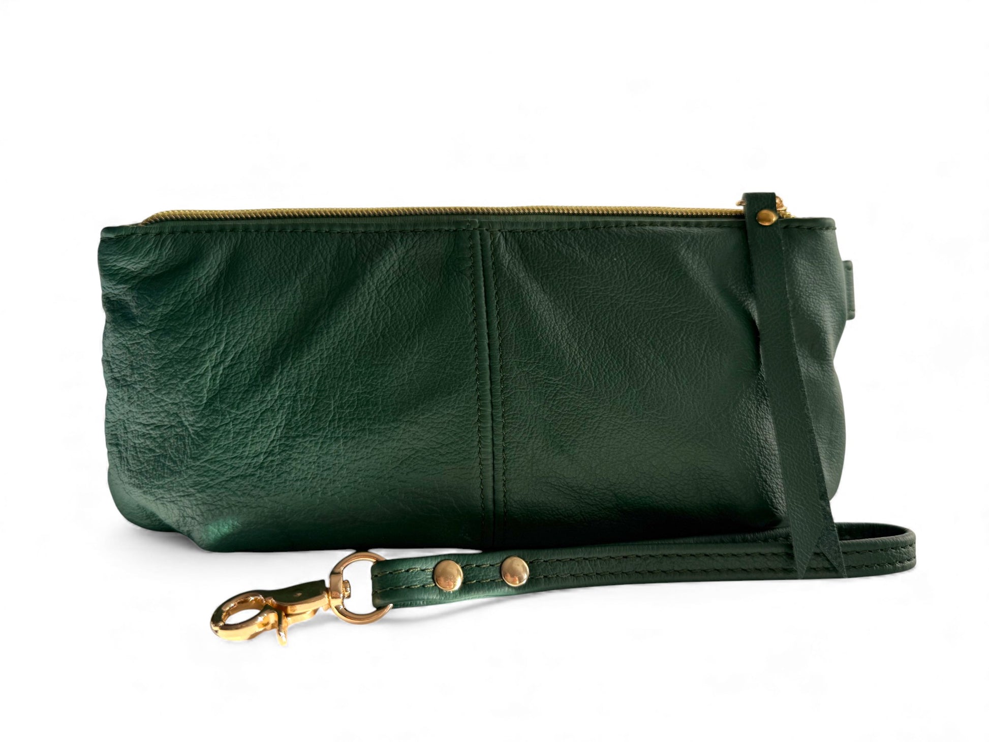 View of the back of the Ella, a Green leather clutch bag with a strap on a white background