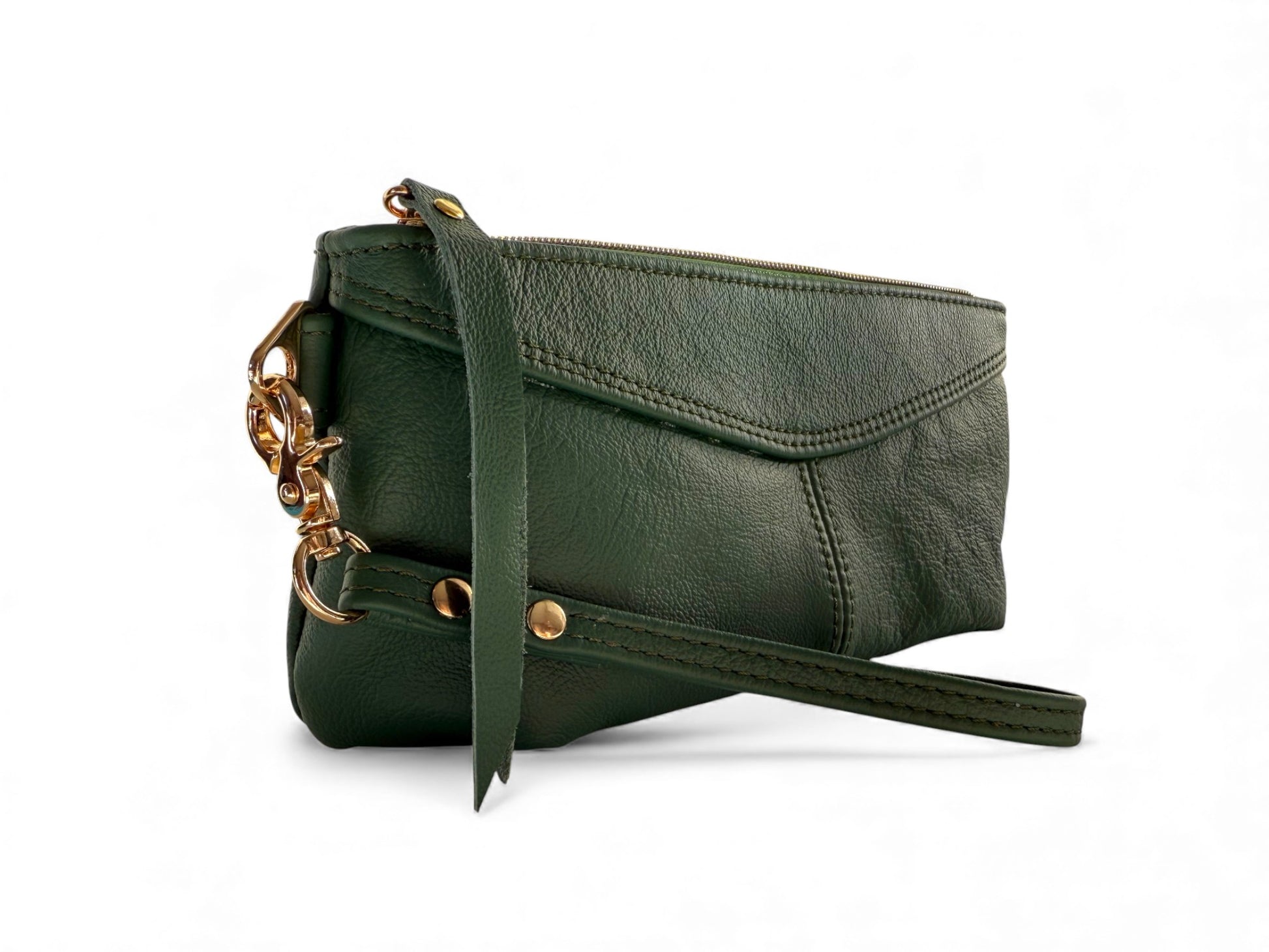 Green Ella clutch handbag with a chain detail on a white background