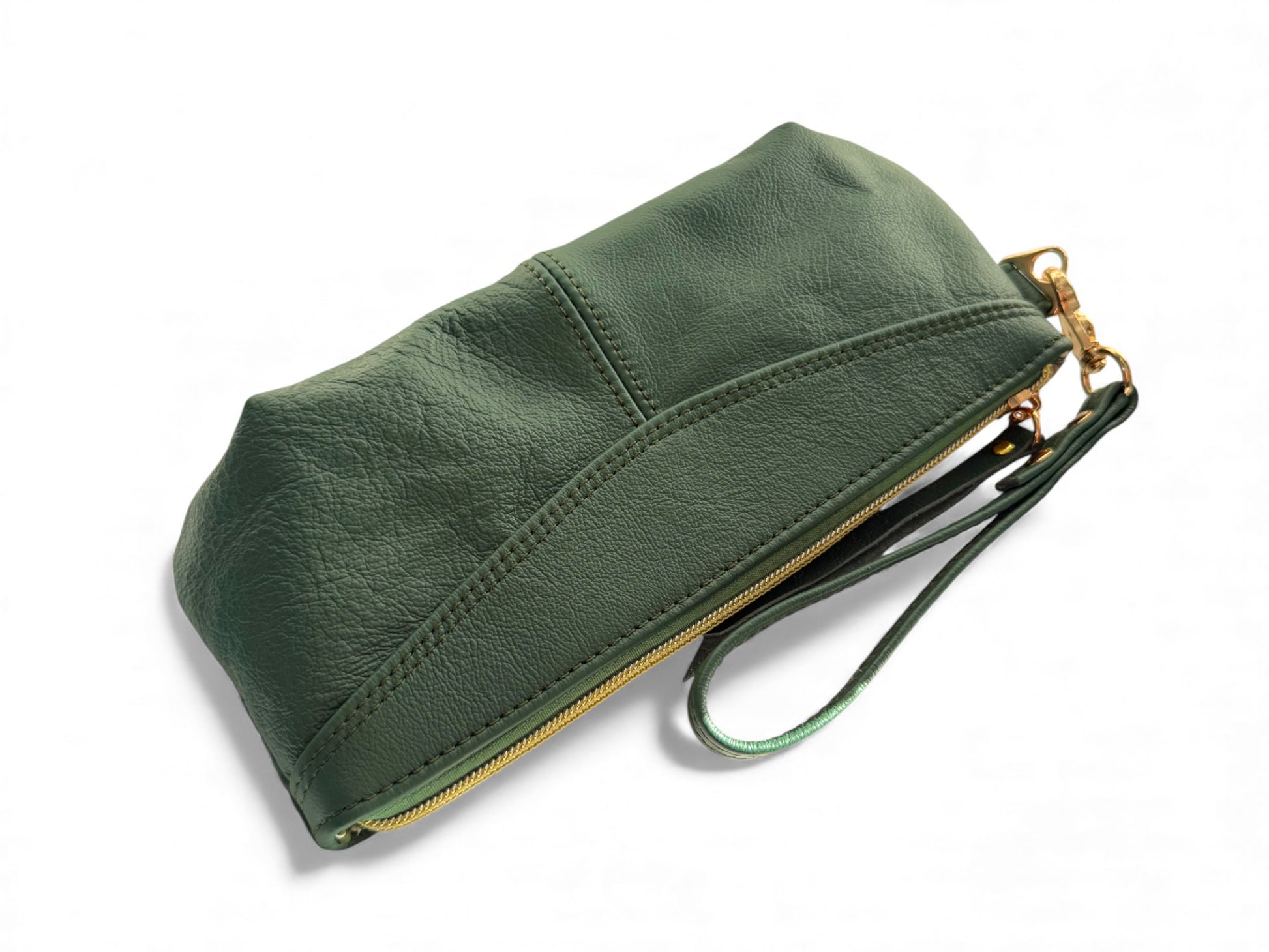 Green leather Ella  wristlet with gold zipper on a white background