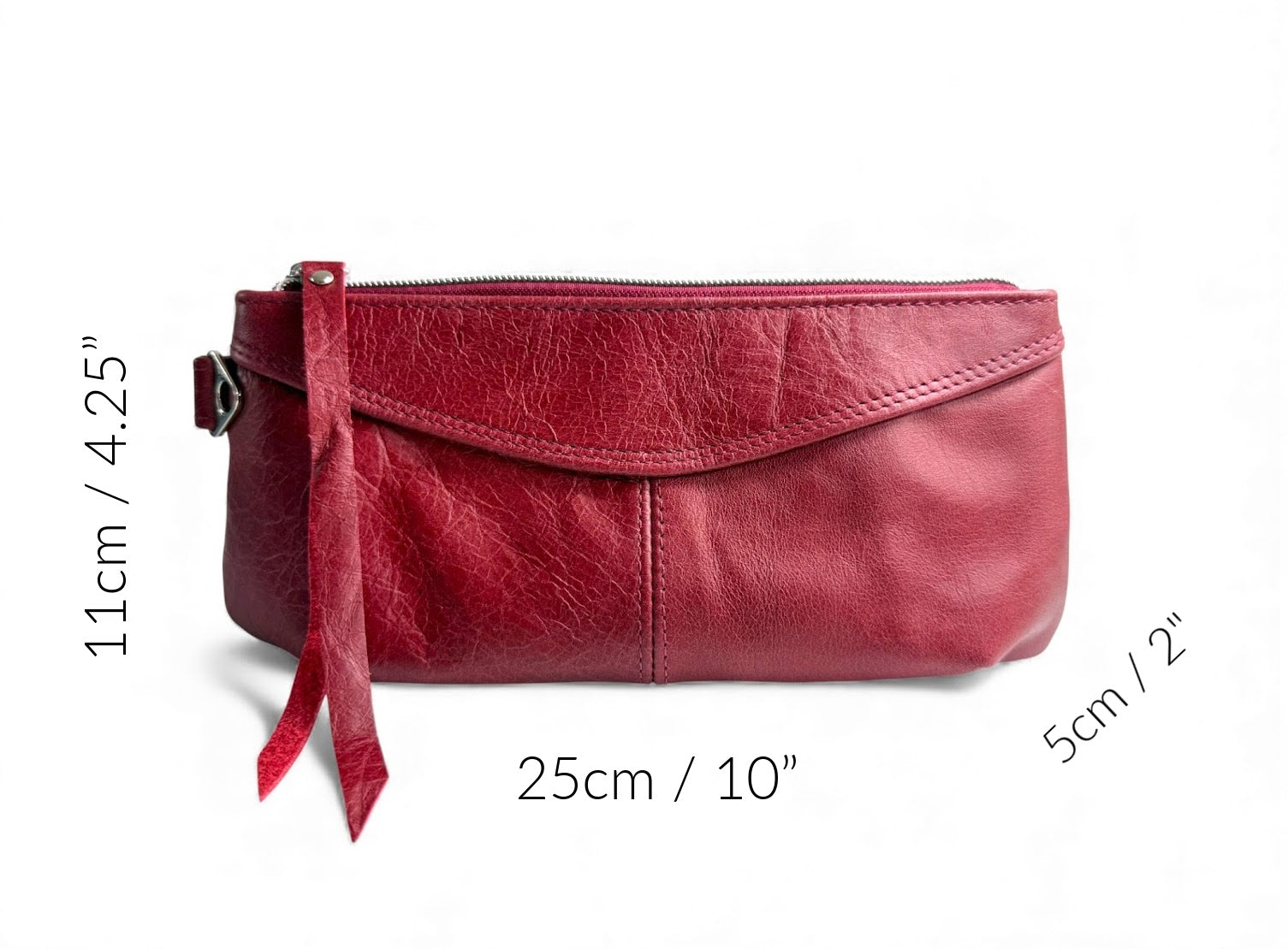 Red leather Ella wristlet clutch bag with measurements on a white background