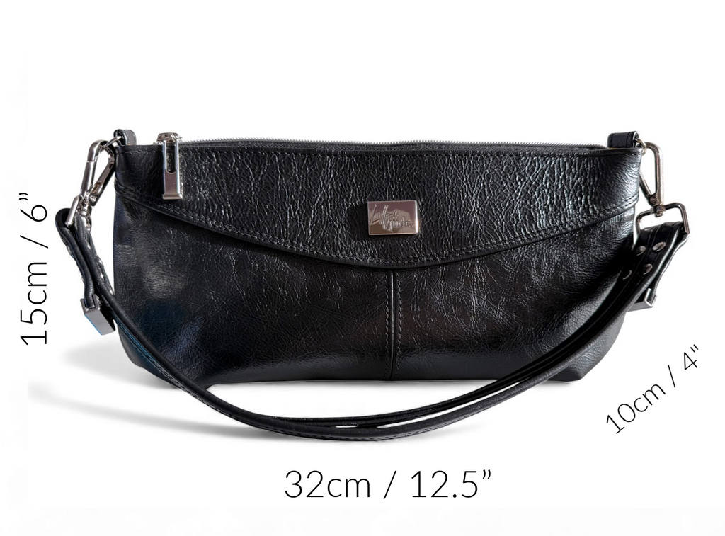 The Elland baguette style handbag with measurements on a white background