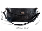 The Elland baguette style handbag with measurements on a white background