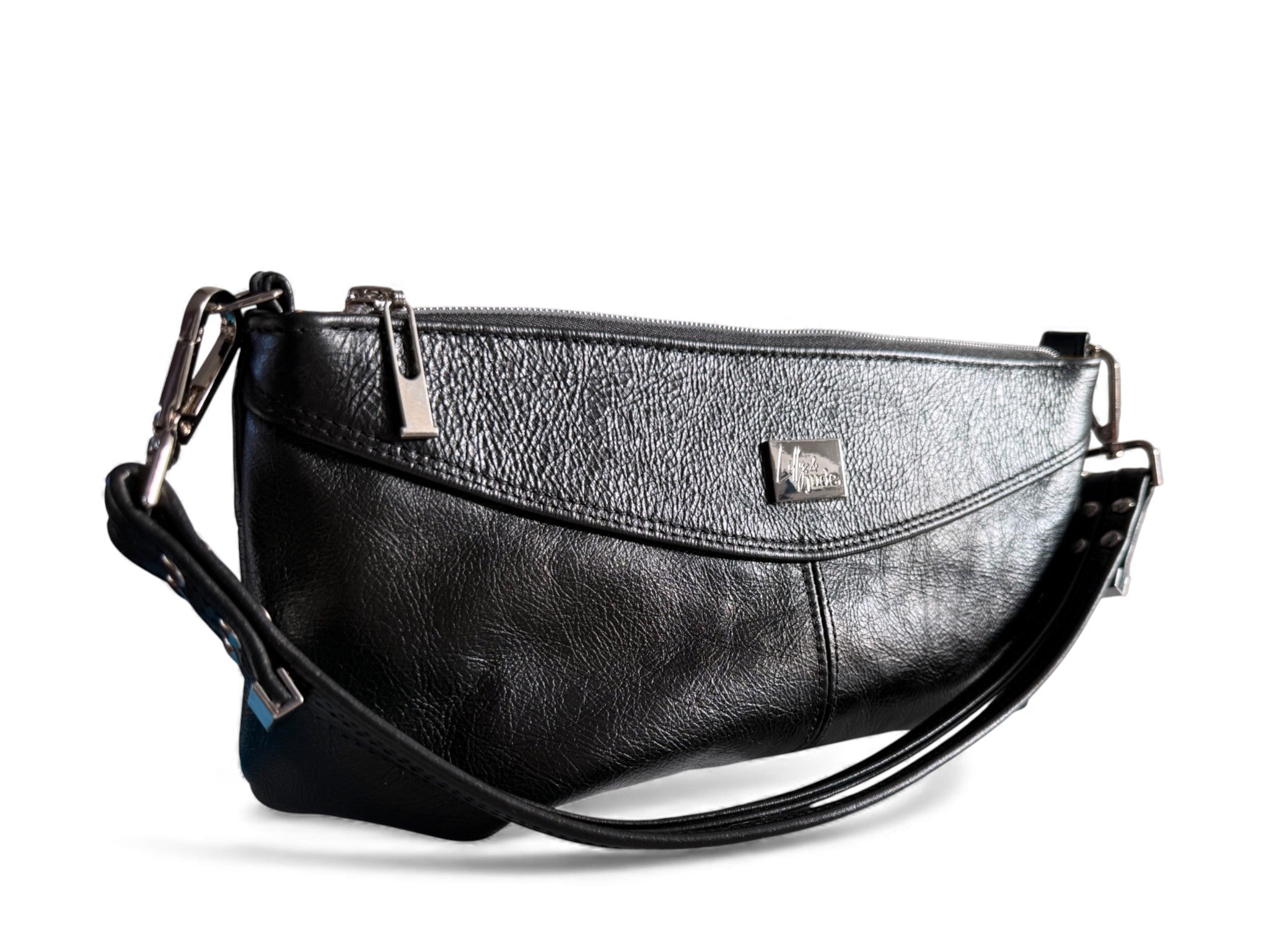 Black leather East/West style handbag with a visible brand logo on a white background. Handcrafted using sustainable materials