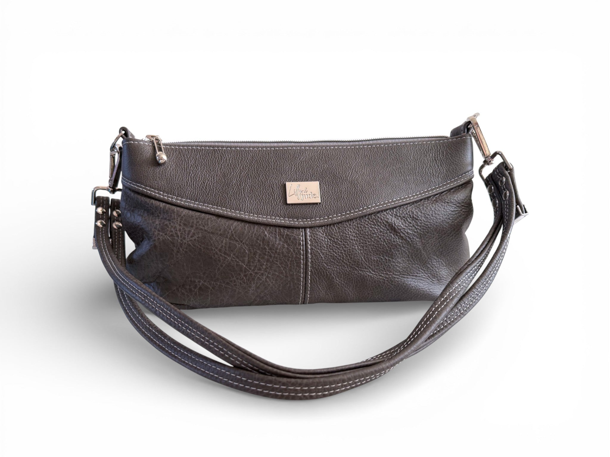 Dark grey leather handbag with a double strap on a white background
