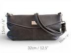 Charcoal grey leather Elland handbag with measurements on a white background