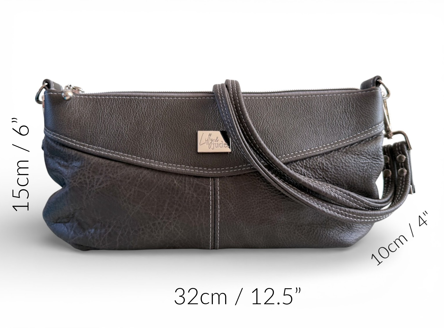 Charcoal grey leather Elland handbag with measurements on a white background