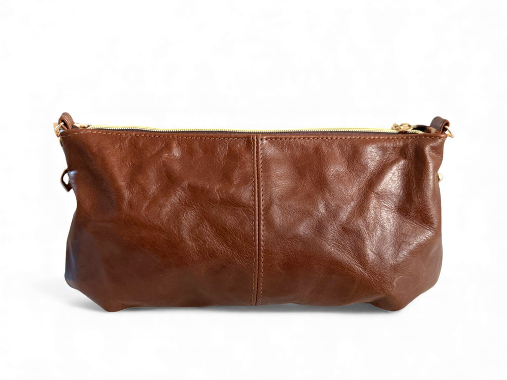 Elland | Chestnut Brown Leather Handbag with Leopard Print Lining