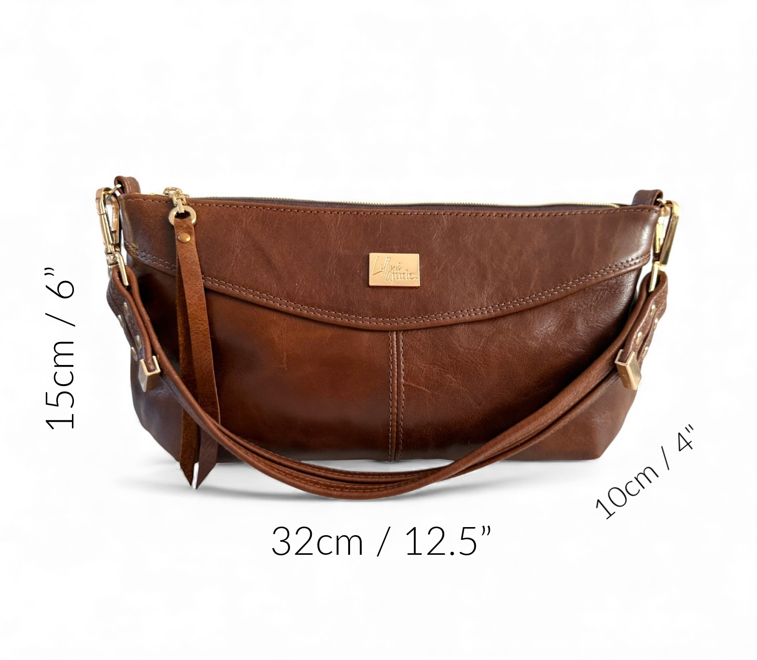Brown leather handbag with measurements on a white background