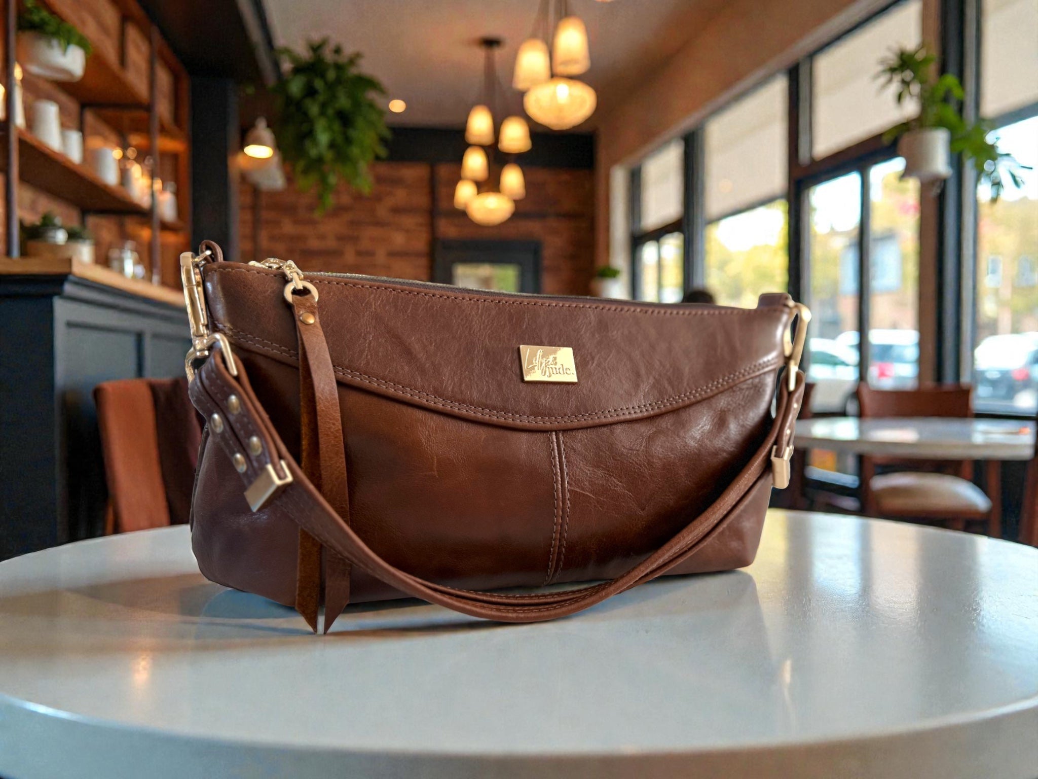 Chocolate brown leather baguette style handbag with gold hardware on a table in a restaurant setting