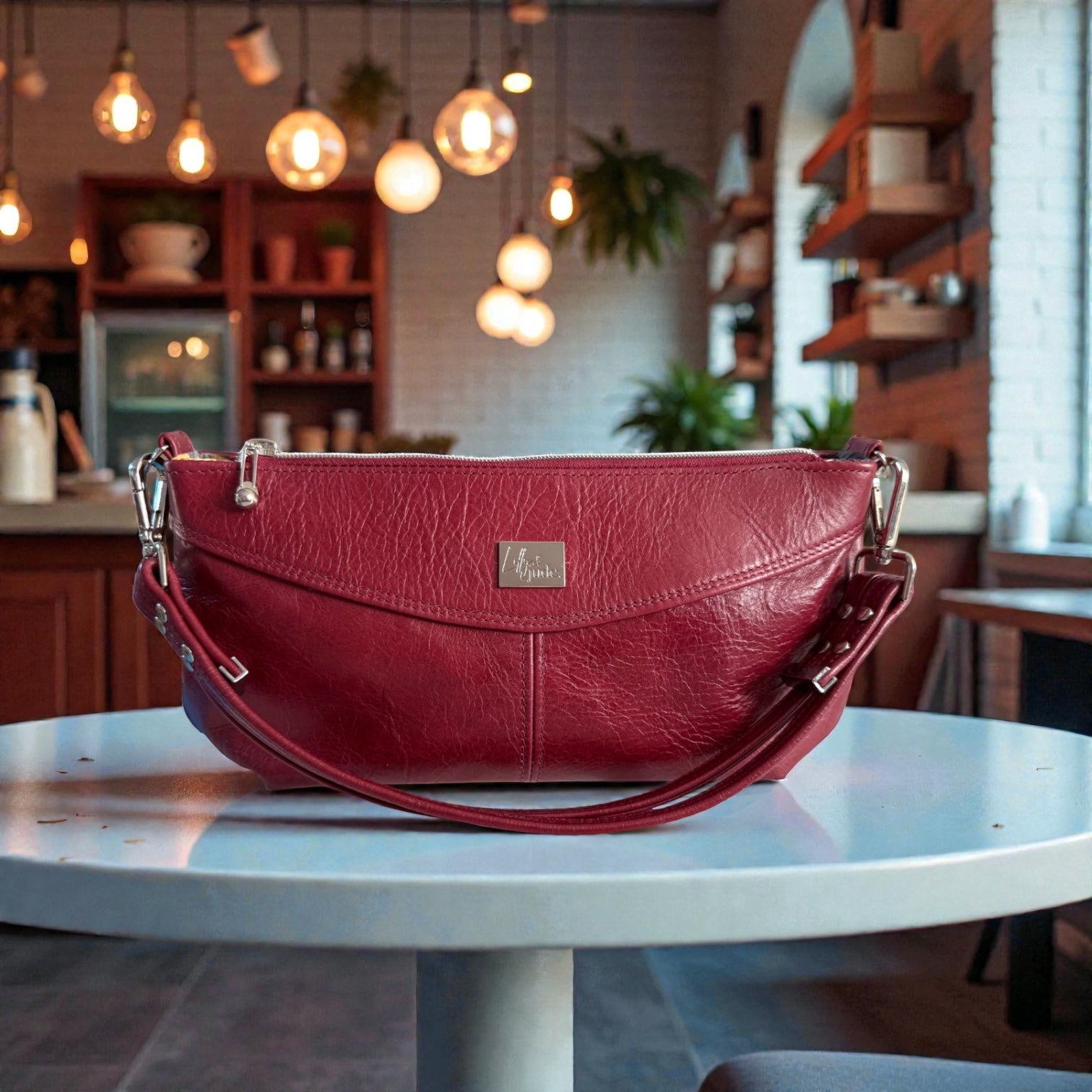 Handcrafted, red leather baguette style handbag on a table in a cozy indoor setting with warm lighting.