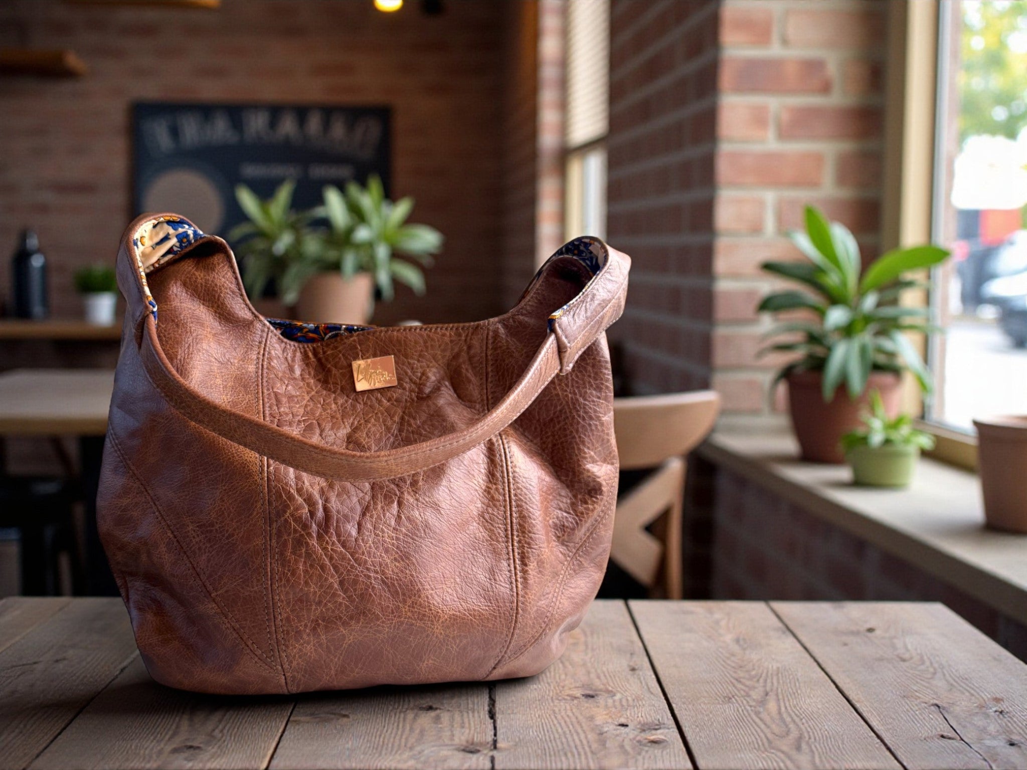 Whiskey brown leather handbag on a wooden table with a cafe interior in the background