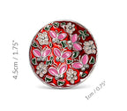 Round decorative bag hook with floral and butterfly design on a red background, with measurements indicated.