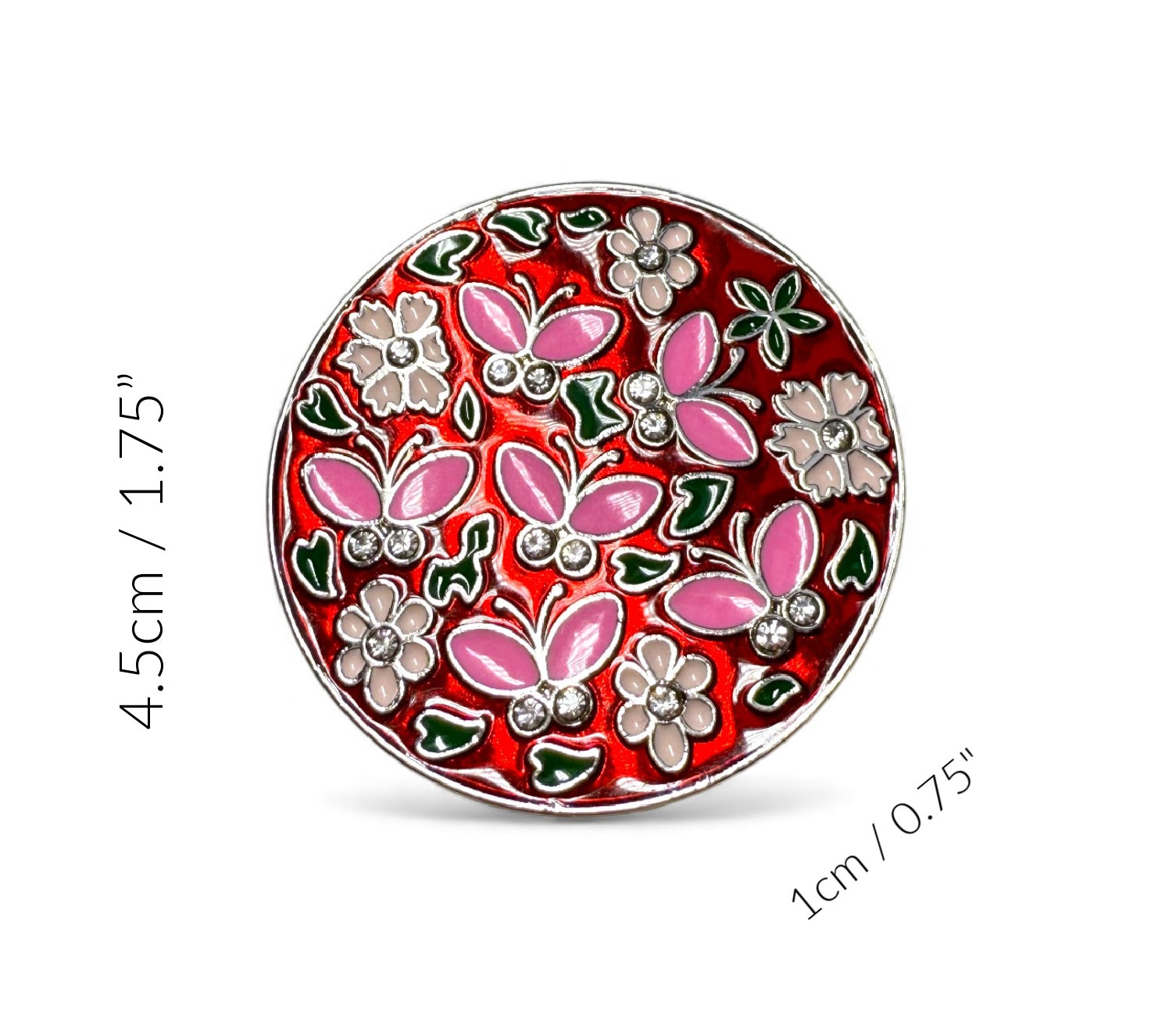 Round decorative bag hook with floral and butterfly design on a red background, with measurements indicated.