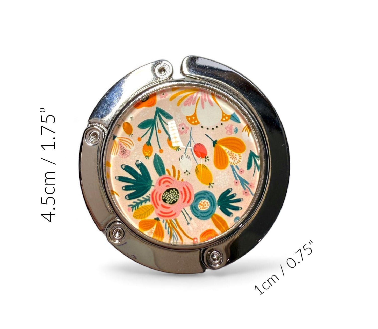 Floral-patterned handbag hook with measurements on a white background