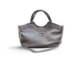 A gray leather handbag with a silver chain strap and a small silver-tone logo plaque, shown on a plain white background.