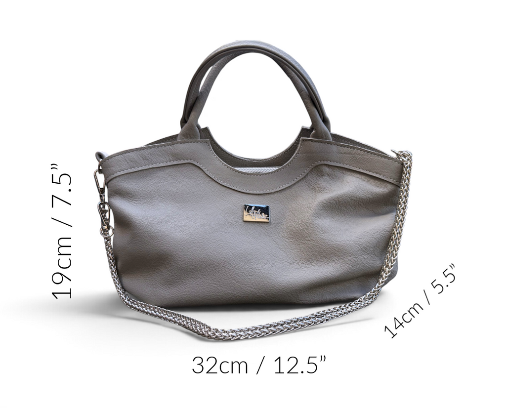 A grey leather handbag with a silver chain strap, shown on a white background with dimension labels indicating 19cm height, 32cm width, and 14cm depth.