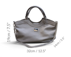 A grey leather handbag with a silver chain strap, shown on a white background with dimension labels indicating 19cm height, 32cm width, and 14cm depth.