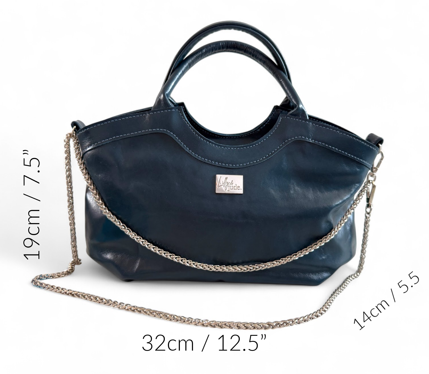 Navy blue leather Flossy handbag with chain detail and measurement text on a white background