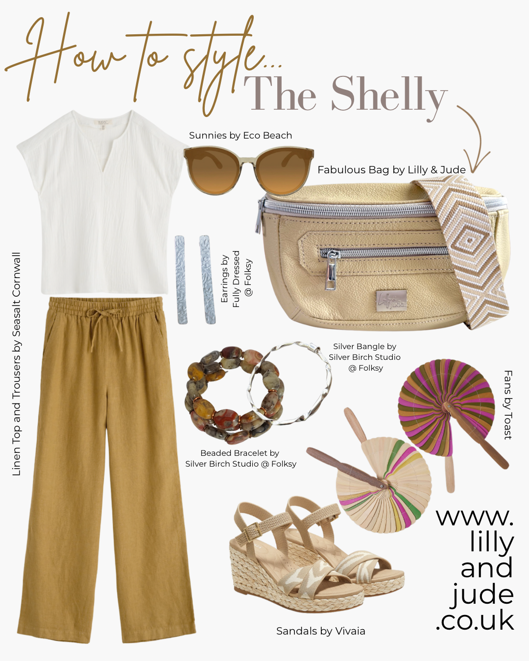 Outfit styling guide with clothing, accessories, and promotional text for Lilly & Jude.