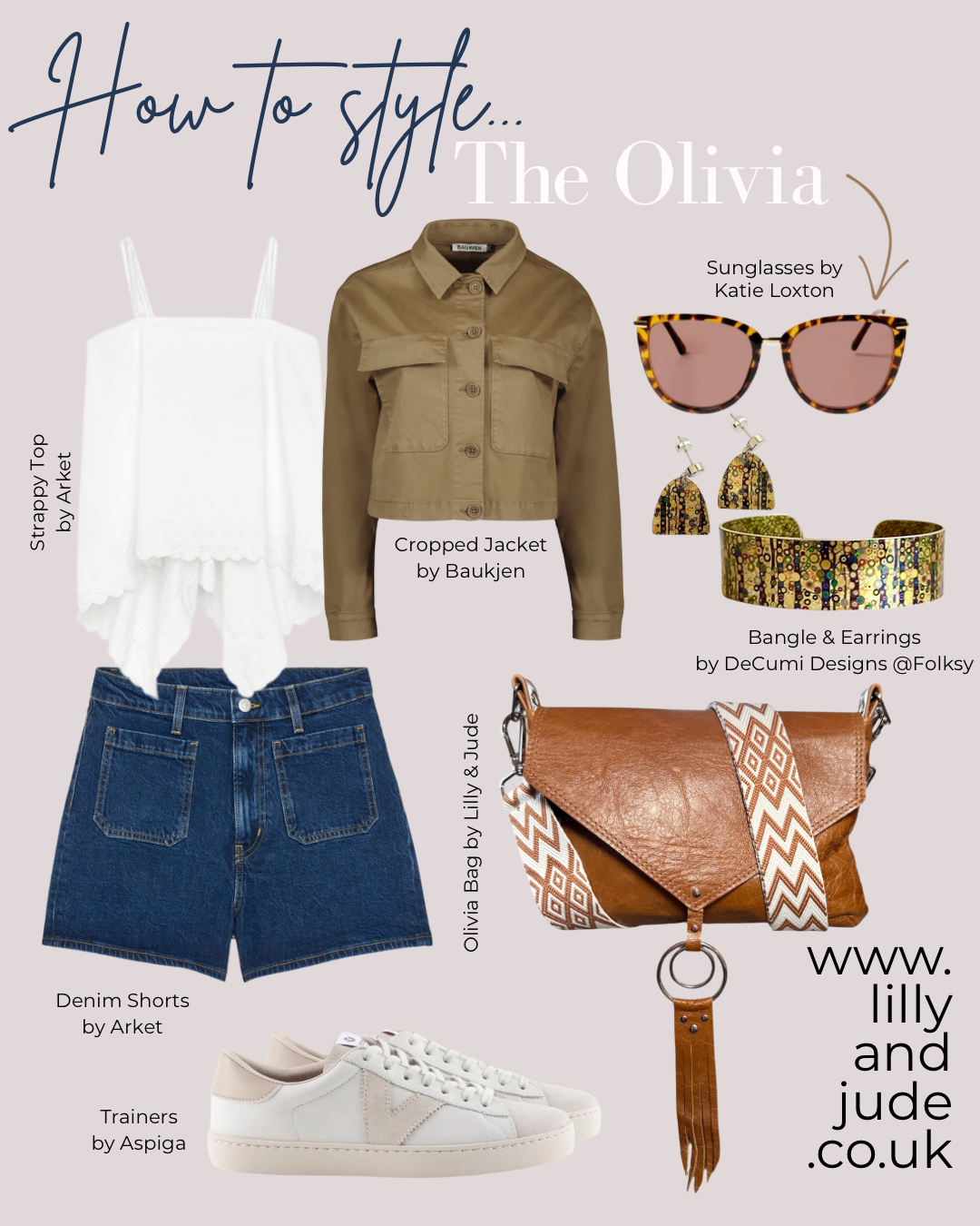 Outfit styling guide with clothing and accessories on a light background
