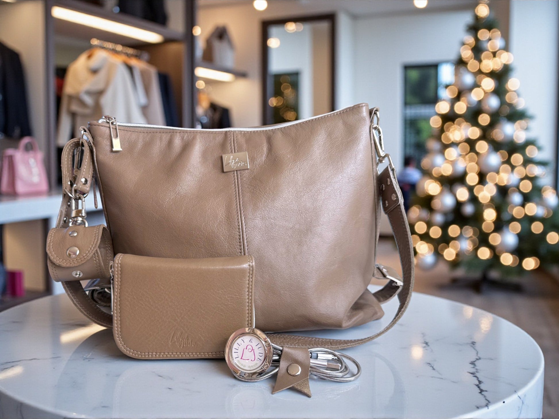 Juliette Deluxe Gift Set | Handcrafted Taupe Grey Leather Bag + Accessories