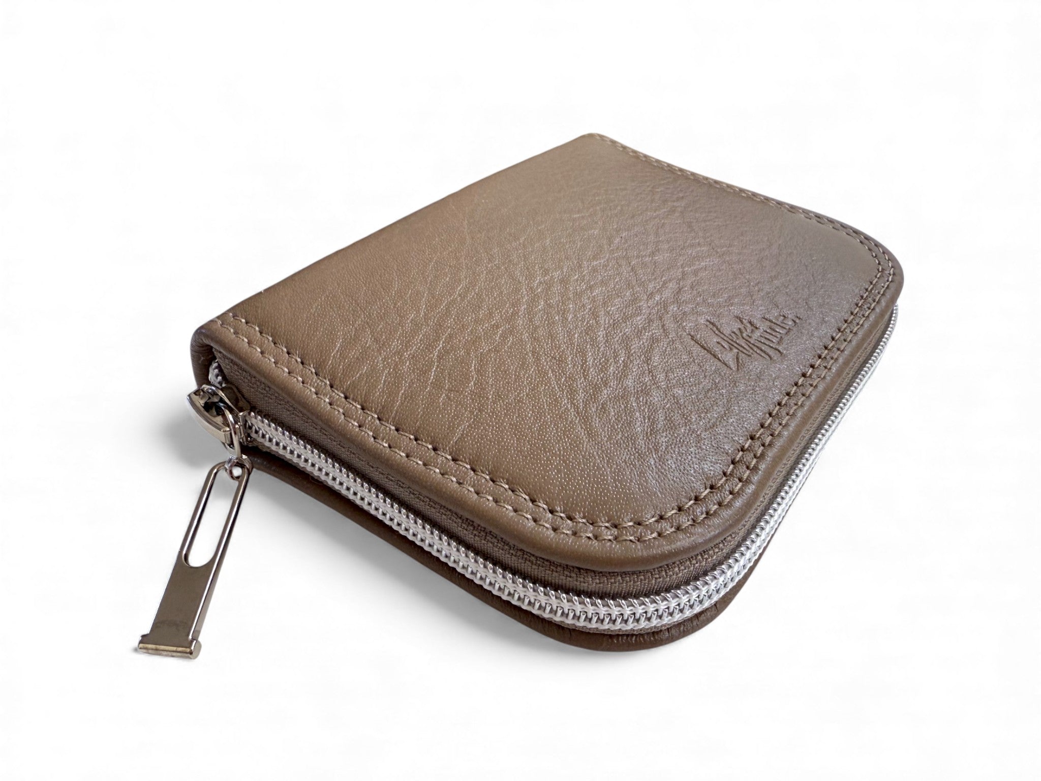 Taupe leather zippered pouch on a white background