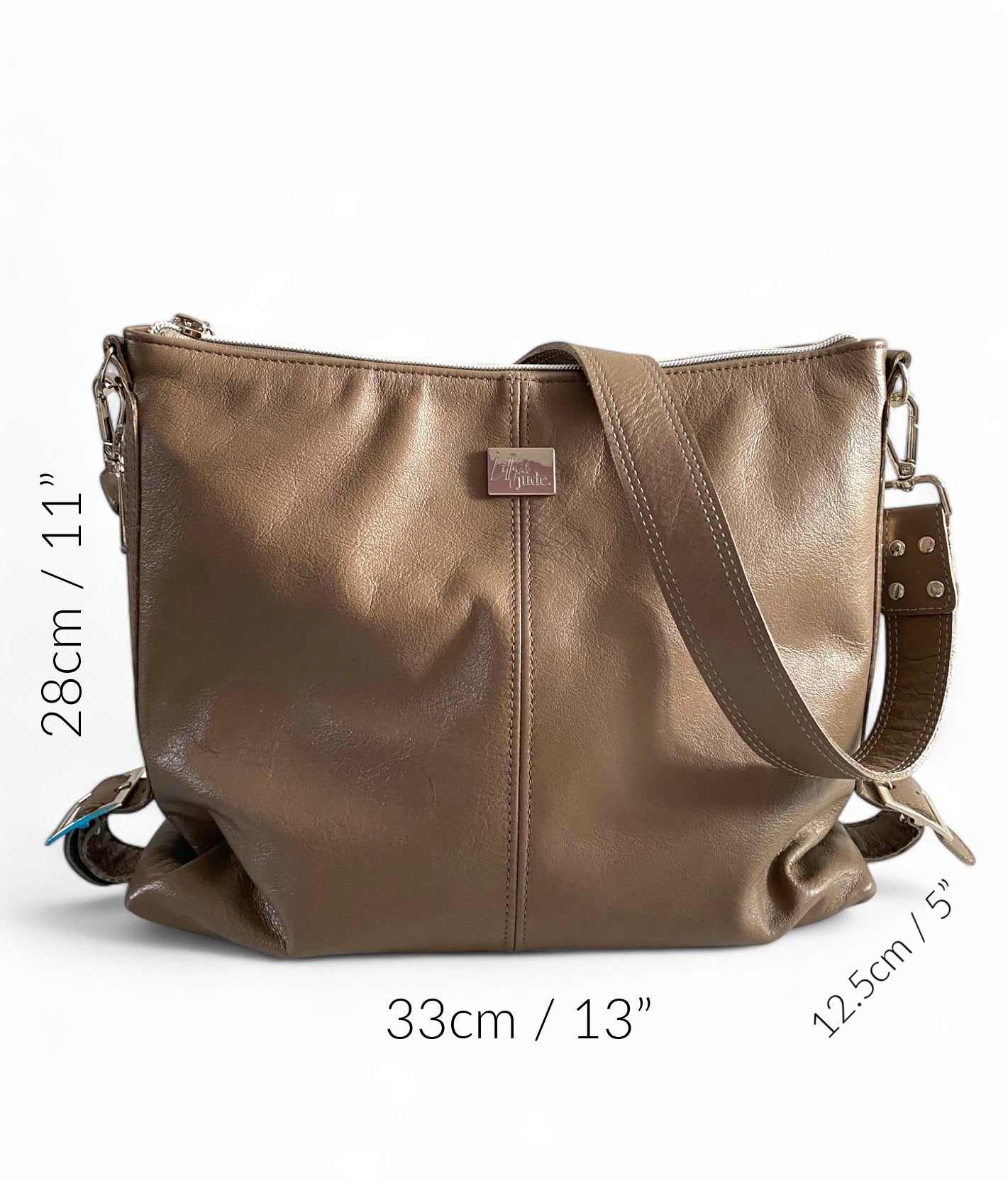 Taupe brown leather handbag with measurements displayed.
