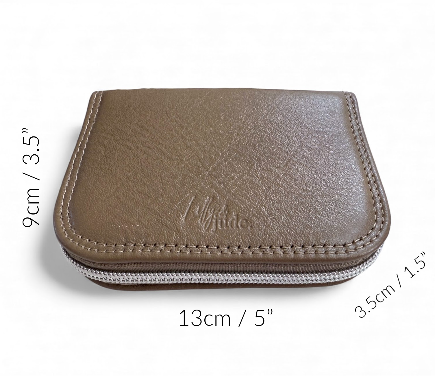 Taupe leather zippered purse with measurements on a white background