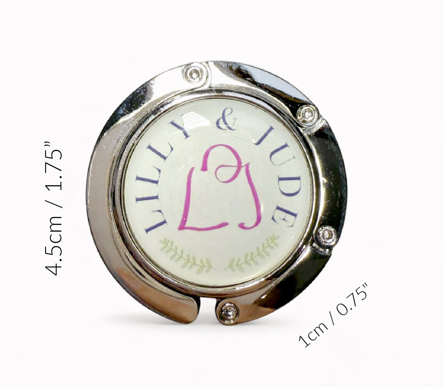 Handbag hook with 'Lilly & Jude' branding and measurements on a white background