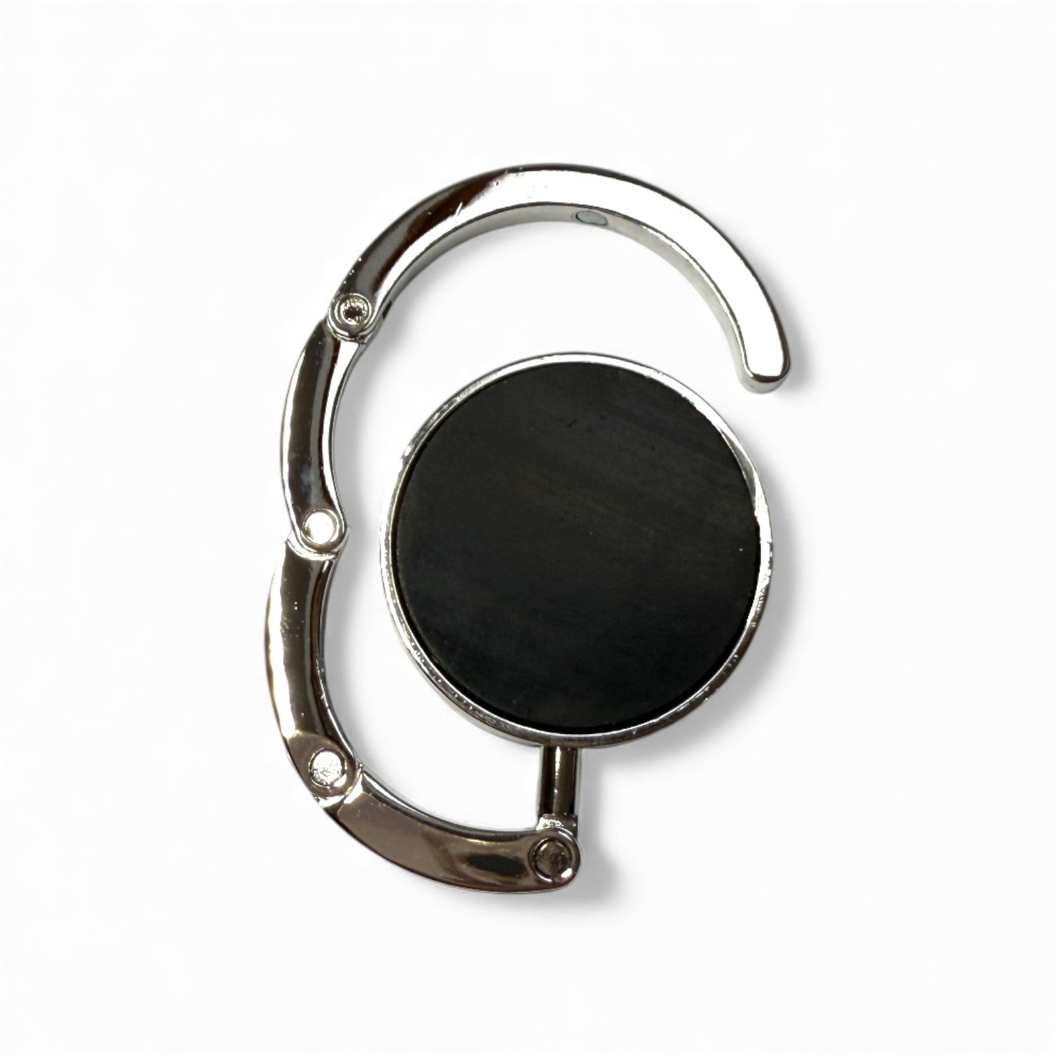 Rear view of a silver bag hook with a black non-slip backing on a white background