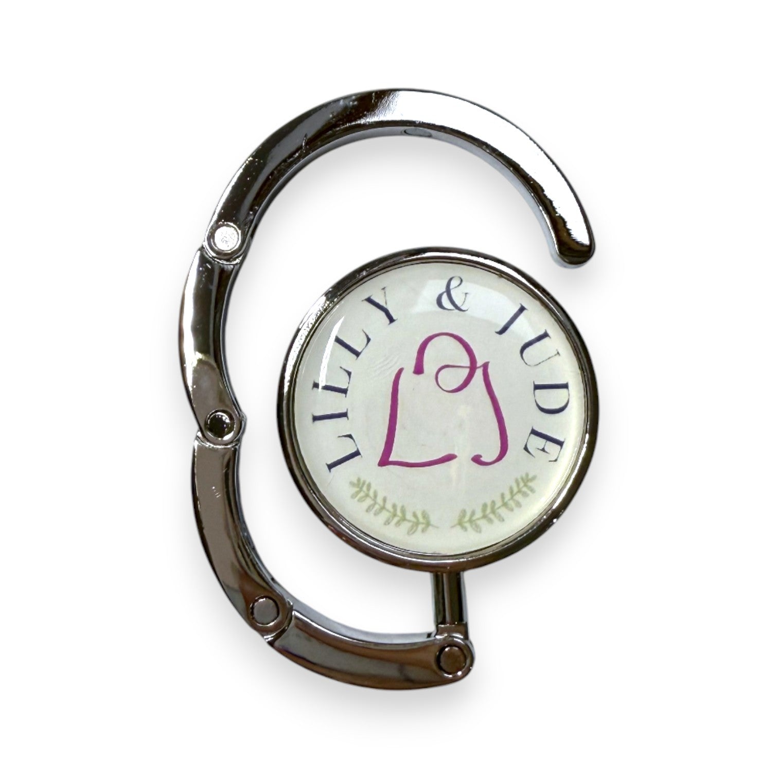 Folding handbag hook with 'LILY & LUDE' branding on a white background
