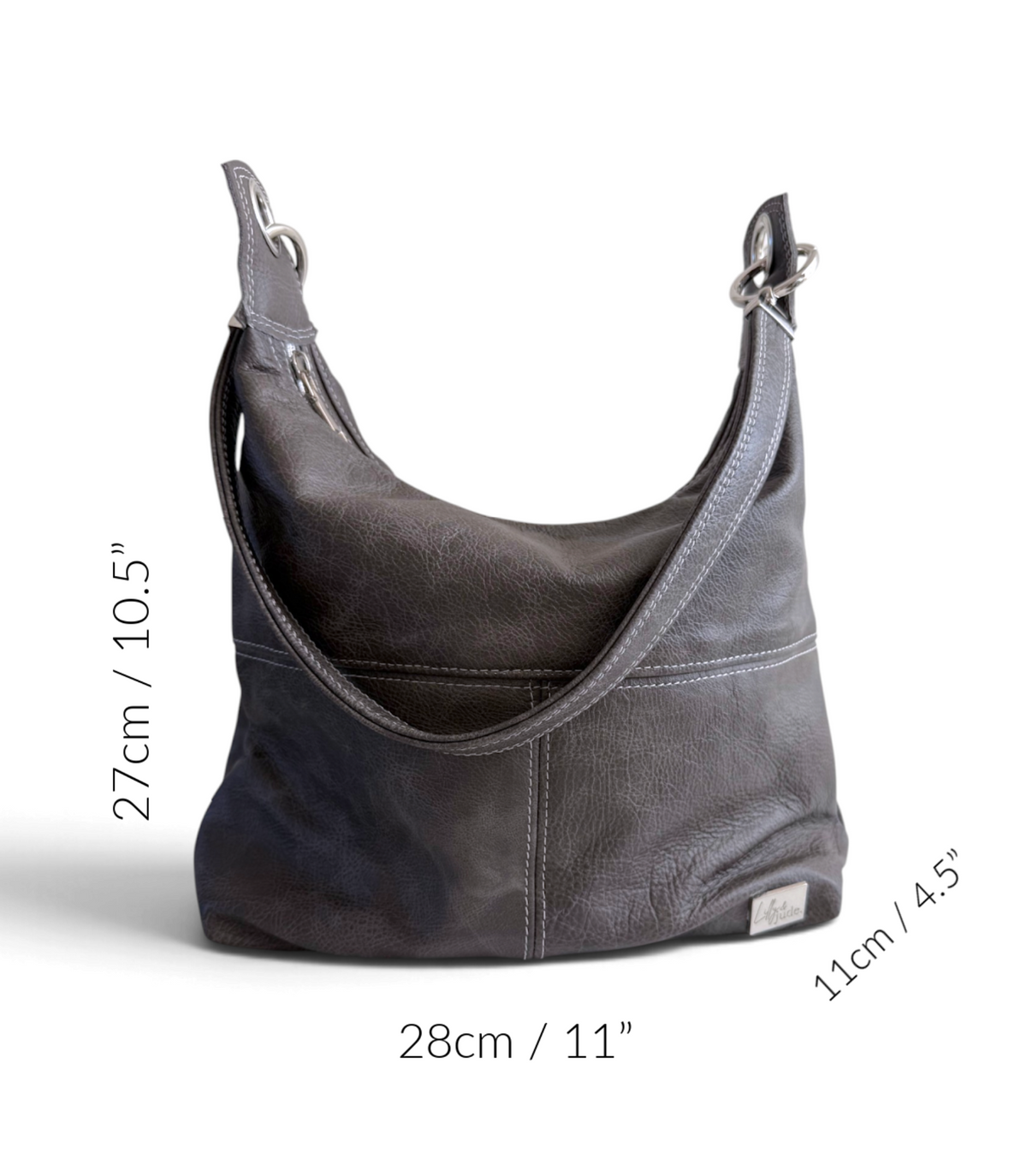 A dark grey leather shoulder bag shown on a white background with dimension labels indicating 27cm height, 28cm width, and 11cm depth.