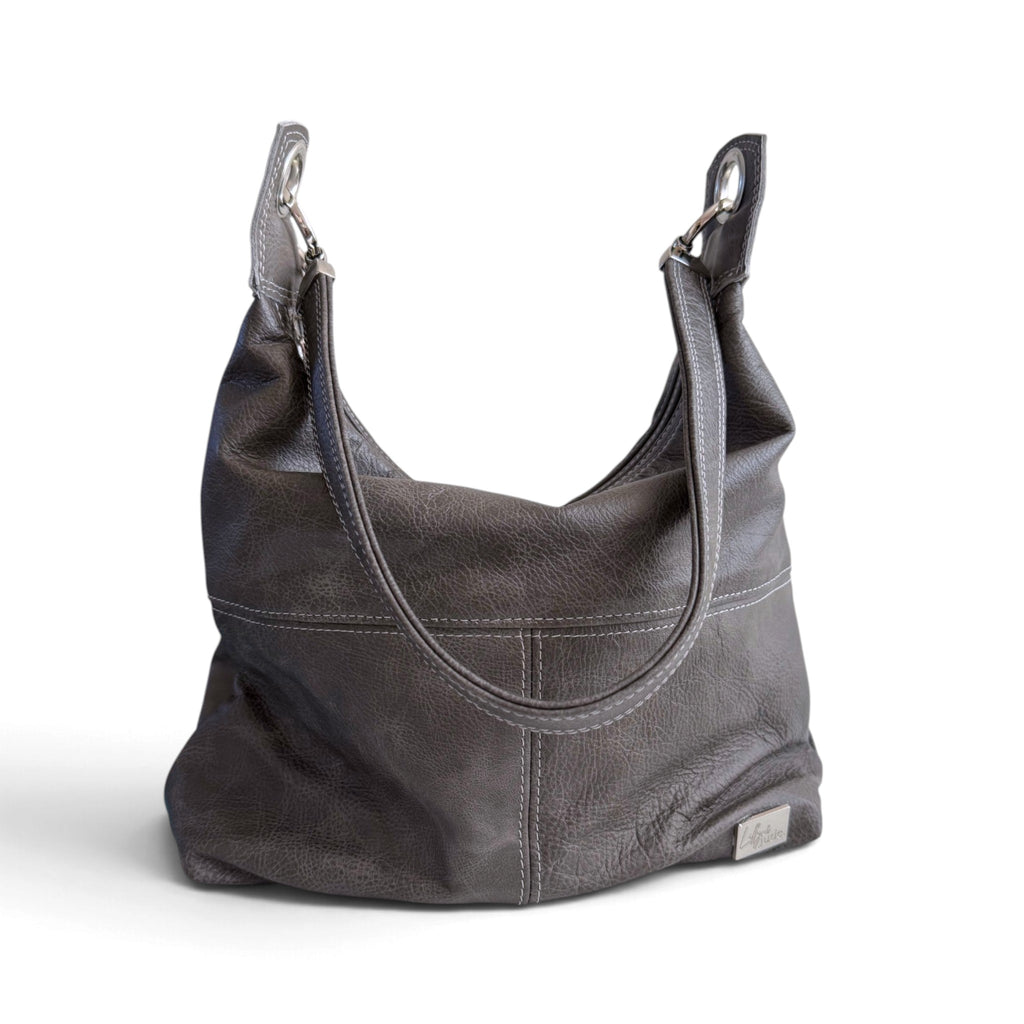 A dark gray leather slouchy shoulder bag with double shoulder straps and silver-tone hardware, shown on a plain white background.