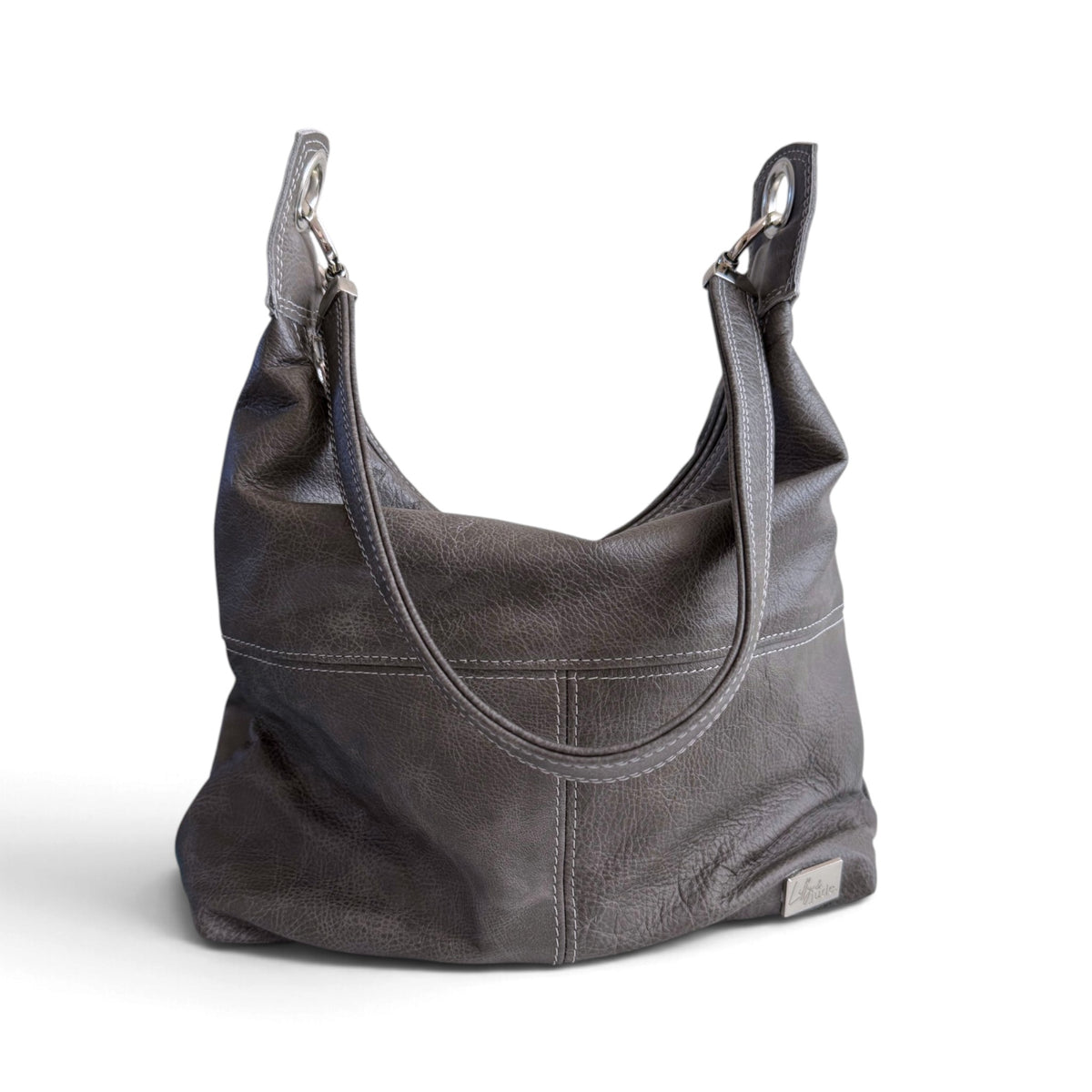 A dark gray leather slouchy shoulder bag with double shoulder straps and silver-tone hardware, shown on a plain white background.