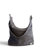 A dark gray leather slouchy shoulder bag with a single strap and silver-tone hardware, photographed on a clean white background.