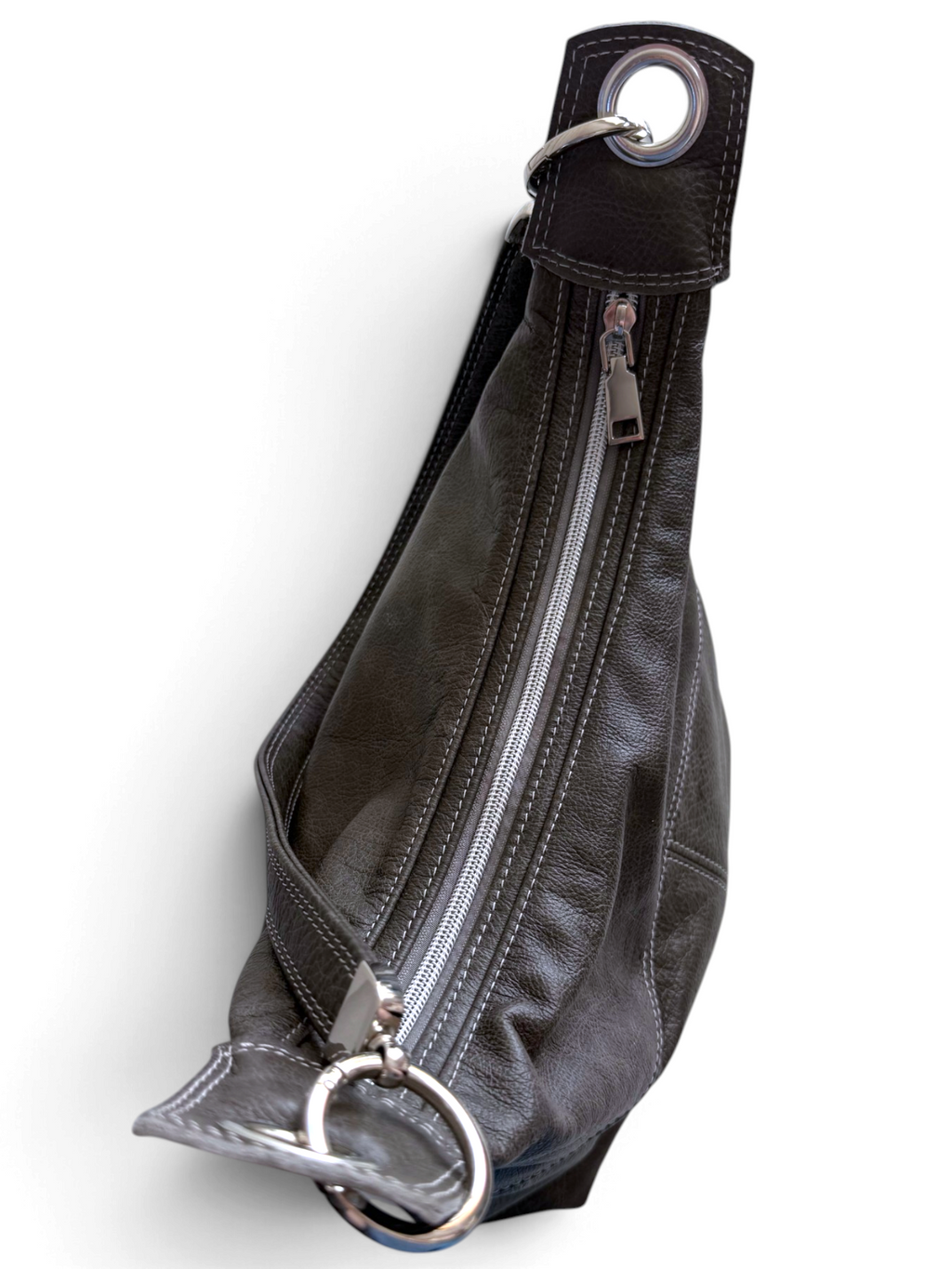 A dark grey leather shoulder bag with a  zipper, silver-tone metal hardware, and strap connectors, shown on a plain white background.