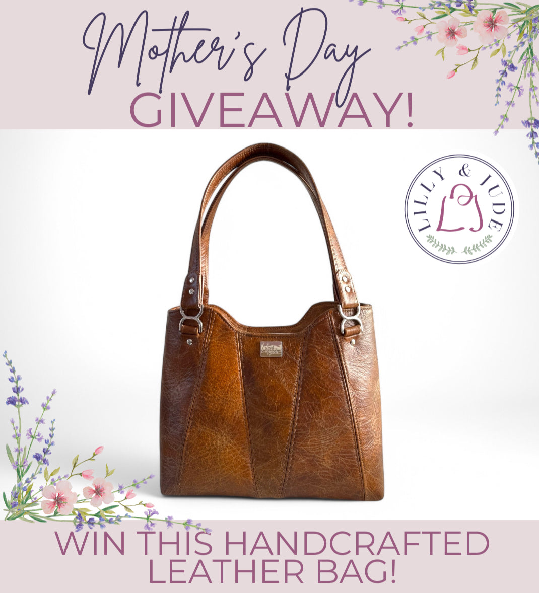 Promotional image for a Mother's Day giveaway featuring a brown Italian leather shoulder bag with sleek hidden strap connectors and silver hardware as a prize.