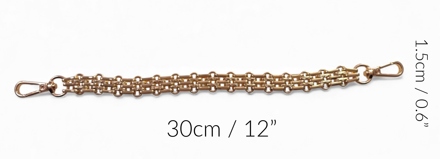 Gold chain bracelet strap with measurement details on a white background
