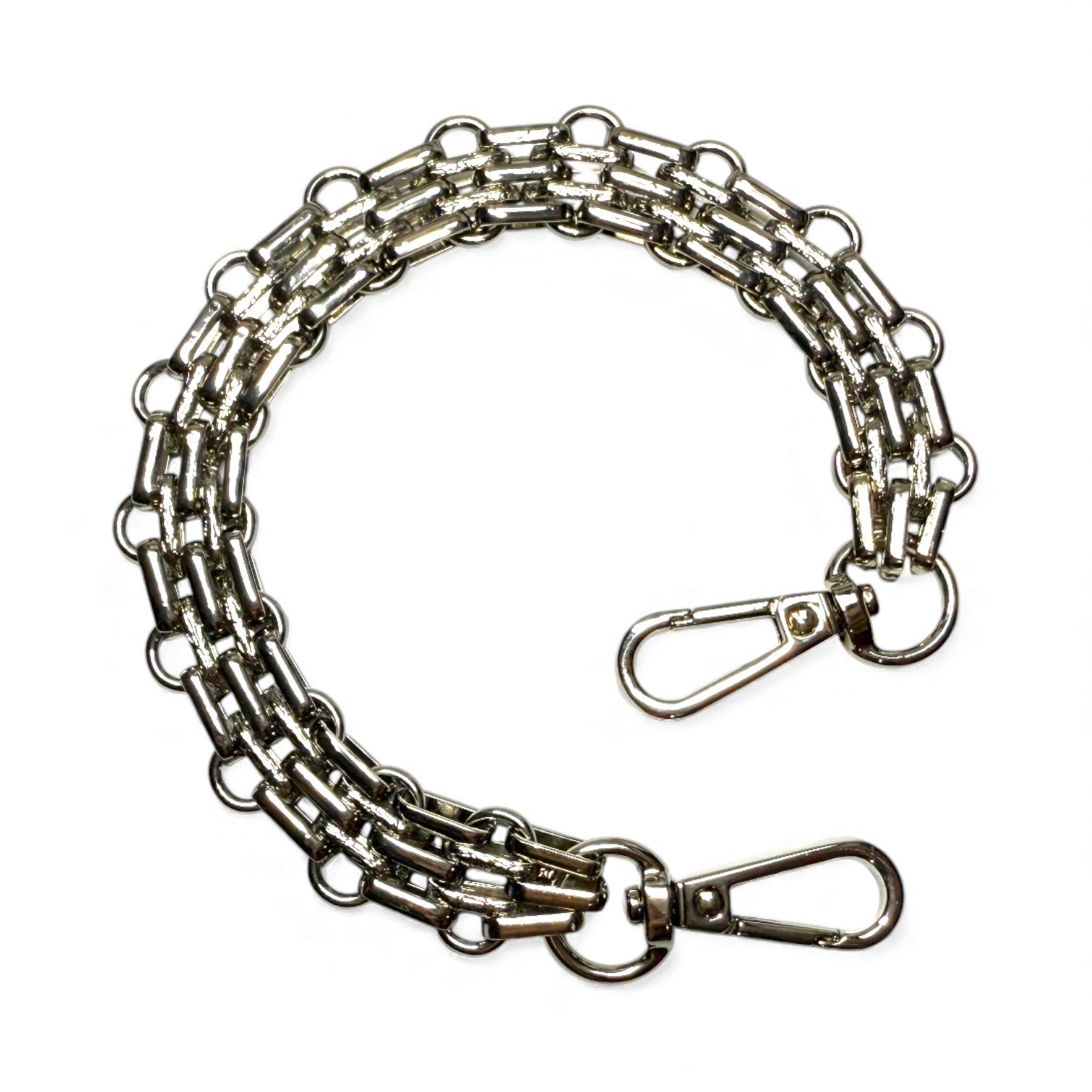 Silver multi-row chain, bracelet style wrist strap with clasp on a white background