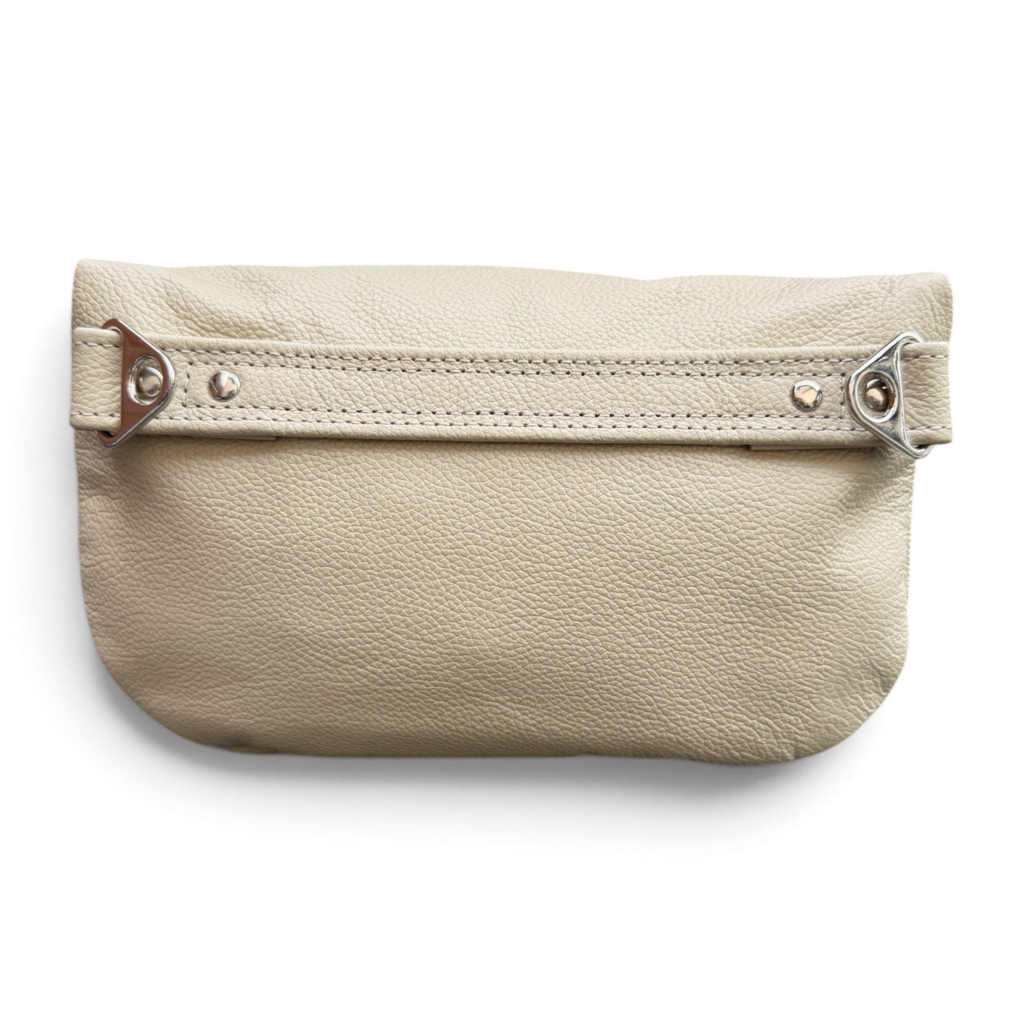 A cream pebbled leather pouch with a horizontal strap and silver-tone metal hardware, shown against a plain white background.