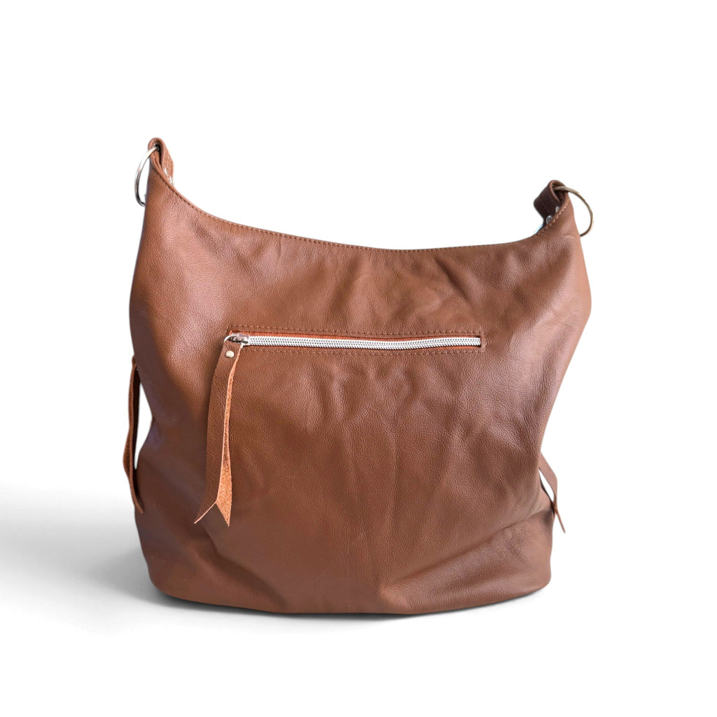Back view of a brown leather slouchy shoulder bag with a zippered pocket, photographed on a clean white background.
