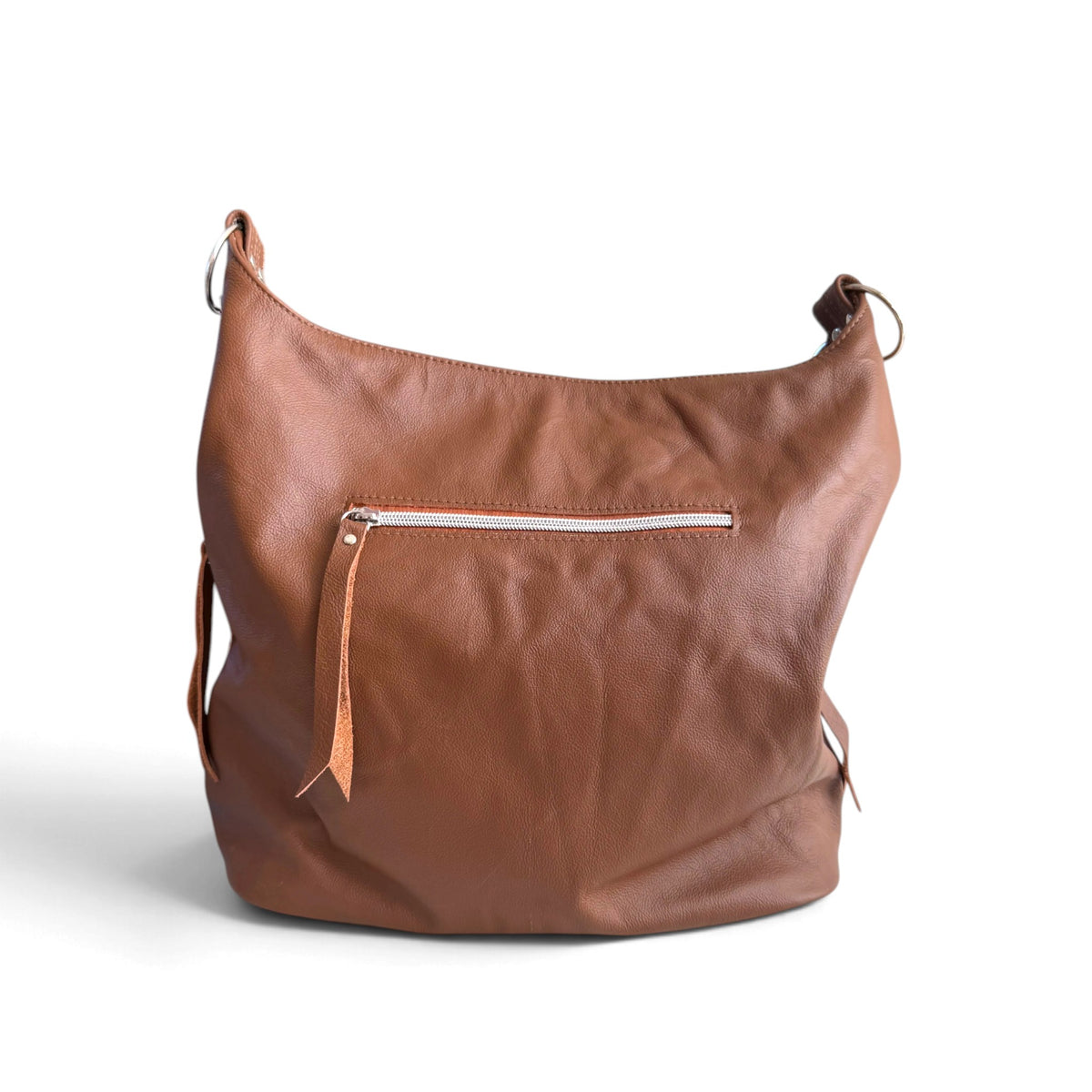 Back view of a brown leather slouchy shoulder bag with a zippered pocket, photographed on a clean white background.