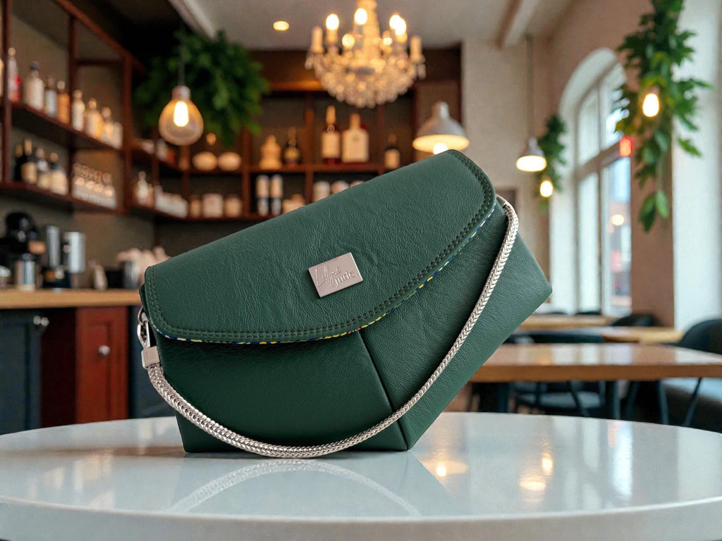 Forest green leather clutch handbag with a silver strap on a table in a restaurant setting