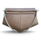 A taupe brown pebbled leather shoulder bag with a silver-tone chain strap and silver tone hardware, shown against a plain white background.