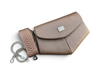 A taupe coloured leather clutch bag with a matching patterned crossbody strap and a silver chain link wrist strap, displayed on a clean white background.