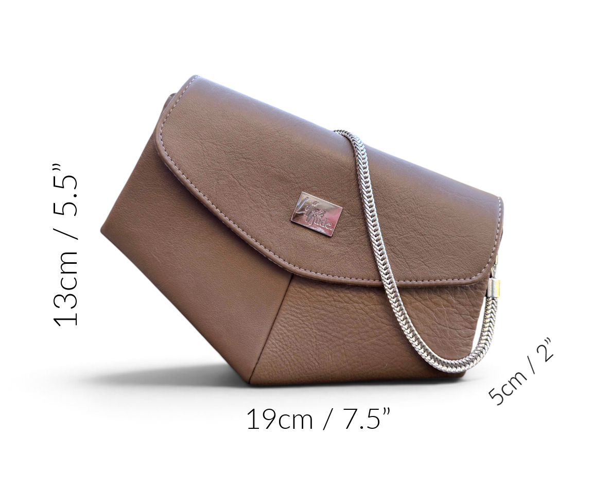 A taupe textured leather multiway bag with a silver chain strap, shown with dimension labels indicating 13cm height, 19cm width, and 5cm diagonal on a white background.