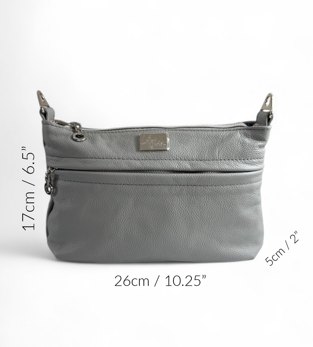 Light grey leather Starburn crossbody bag with the measurements denoted around the edges of the image