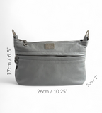 Light grey leather Starburn crossbody bag with the measurements denoted around the edges of the image